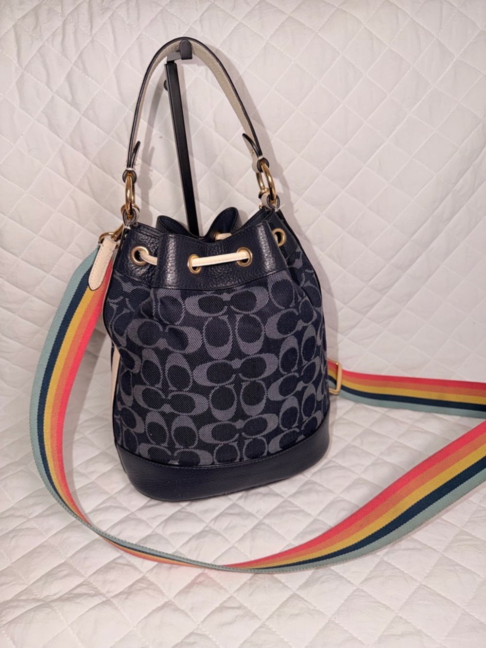 Coach Dempsey Bucket & Drawstring Blue Leather - Picture 5 of 13